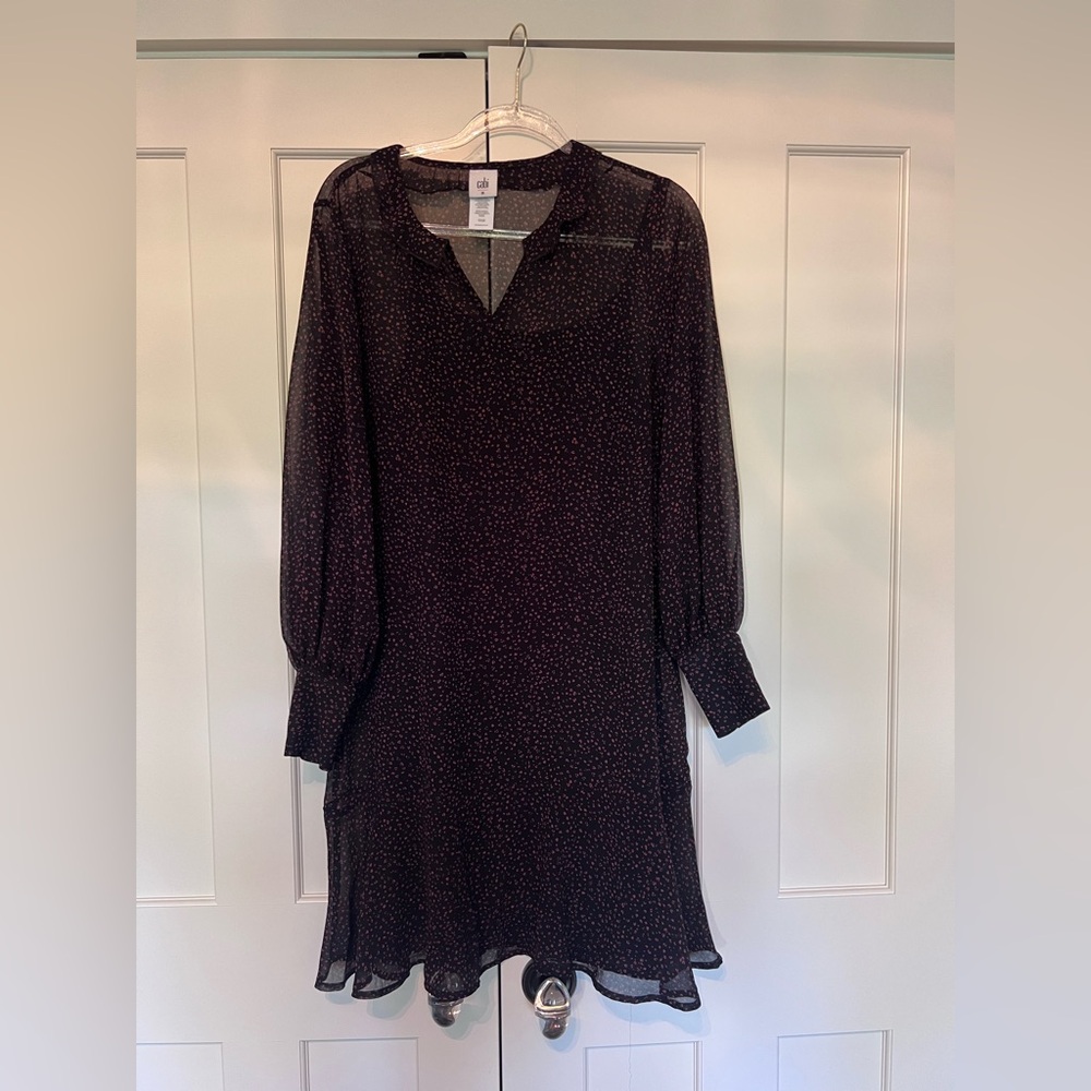 CAbi Black Long Sleeve Dress with Subtle Rust Pattern